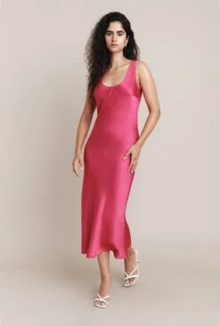Palm Hot Pink Satin Slip Midi Dress Hot Pink -Ghost Store D05G003 H38 25671 650px 964px