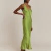 Palm Satin Slip Midi Dress Olive