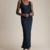 Palm Satin Slip Midi Dress Navy