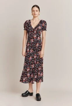Kaylee Black Floral Print Midi Dress Black Umbrella Flowers -Ghost Store D06G025 Z28 27354 650px 964px