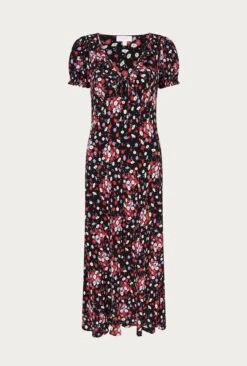 Kaylee Black Floral Print Midi Dress Black Umbrella Flowers -Ghost Store D06G025 Z28 27356 650px 964px