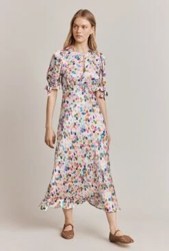 Josephine Satin Midi Dress Pink Umbrella Petals -Ghost Store D06G096 Z58 28202 650px 964px