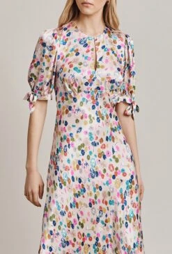 Josephine Satin Midi Dress Pink Umbrella Petals -Ghost Store D06G096 Z58 28948 650px 964px