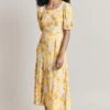 Celina Crepe Midi Dress Yellow Floral
