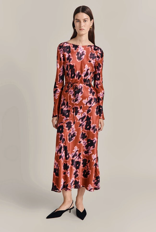 Christine Satin Midi Dress Rust Ikat Print Christine Satin Midi Dress Rust Ikat Print -Ghost Store D07G025 Z74 29419 650px