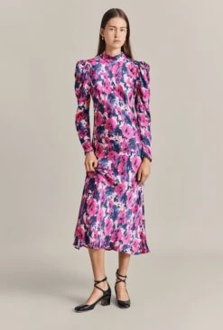 Harper Satin Midi Dress Pink Poppies -Ghost Store D07G053 Z10 29288 650px 964px