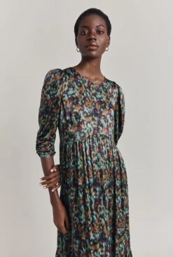 Maya Tiered Satin Midi Dress Green Ikat -Ghost Store D07G054 Z76 29848 650px 964px