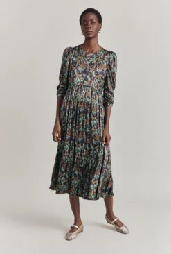 Maya Tiered Satin Midi Dress Green Ikat -Ghost Store D07G054 Z76 29849 650px 964px