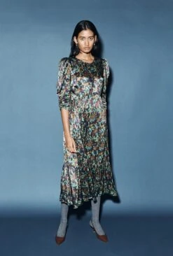 Maya Tiered Satin Midi Dress Green Ikat -Ghost Store D07G054 Z76 29998 650px 964px