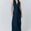 River V Neck Button Satin Maxi Dress