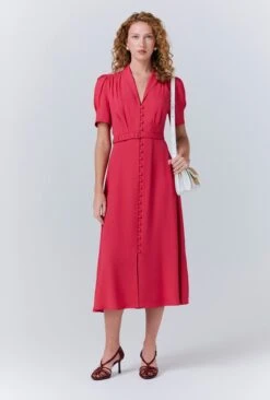 Rowan Button Crepe Midi Tea Dress
