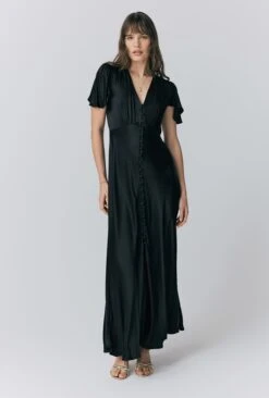 Delphine Button Satin Maxi Dress