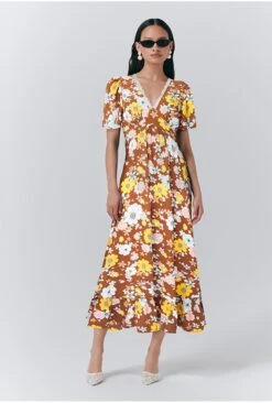 Palmer Crepe Floral Lace Trim Midi Dress