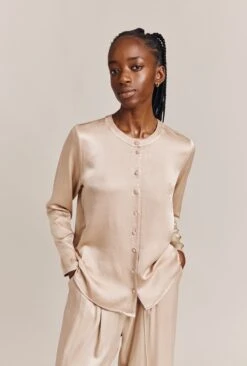 Efie Satin Long Sleeve Blouse Stone -Ghost Store Q06G010 N04 26767 650px 964px