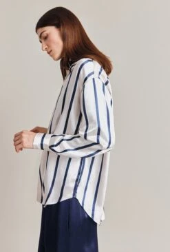 Amy Satin Long Sleeve Shirt Navy Stripe -Ghost Store Q07G009 Z79 28843 650px 964px