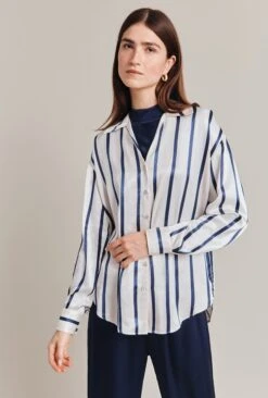 Amy Satin Long Sleeve Shirt Navy Stripe -Ghost Store Q07G009 Z79 28981 650px 964px