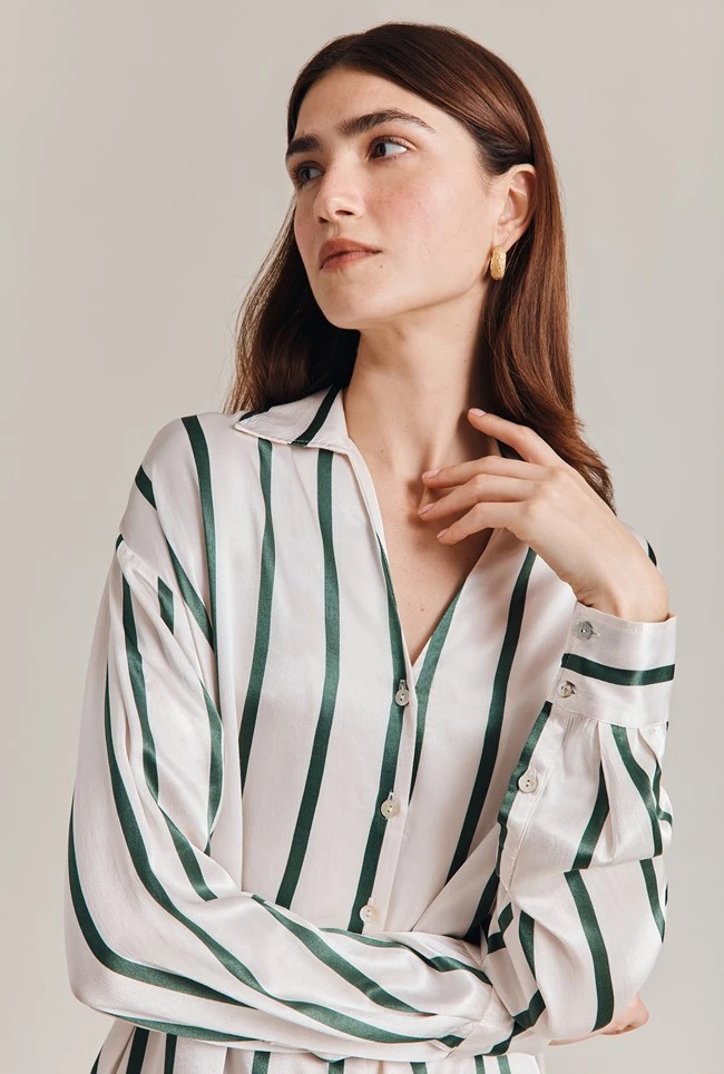 Amy Satin Long Sleeve Shirt Green Stripe Amy Satin Long Sleeve Shirt Green Stripe -Ghost Store Q07G009 Z80 28828 650px