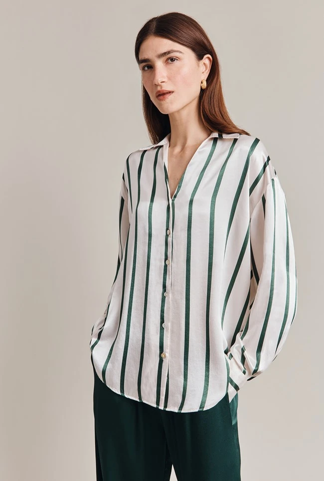 Amy Satin Long Sleeve Shirt Green Stripe Amy Satin Long Sleeve Shirt Green Stripe -Ghost Store Q07G009 Z80 28831 650px