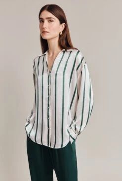 Amy Satin Long Sleeve Shirt Green Stripe 3 Amy Satin Long Sleeve Shirt Green Stripe -Ghost Store Q07G009 Z80 28832 650px 964px
