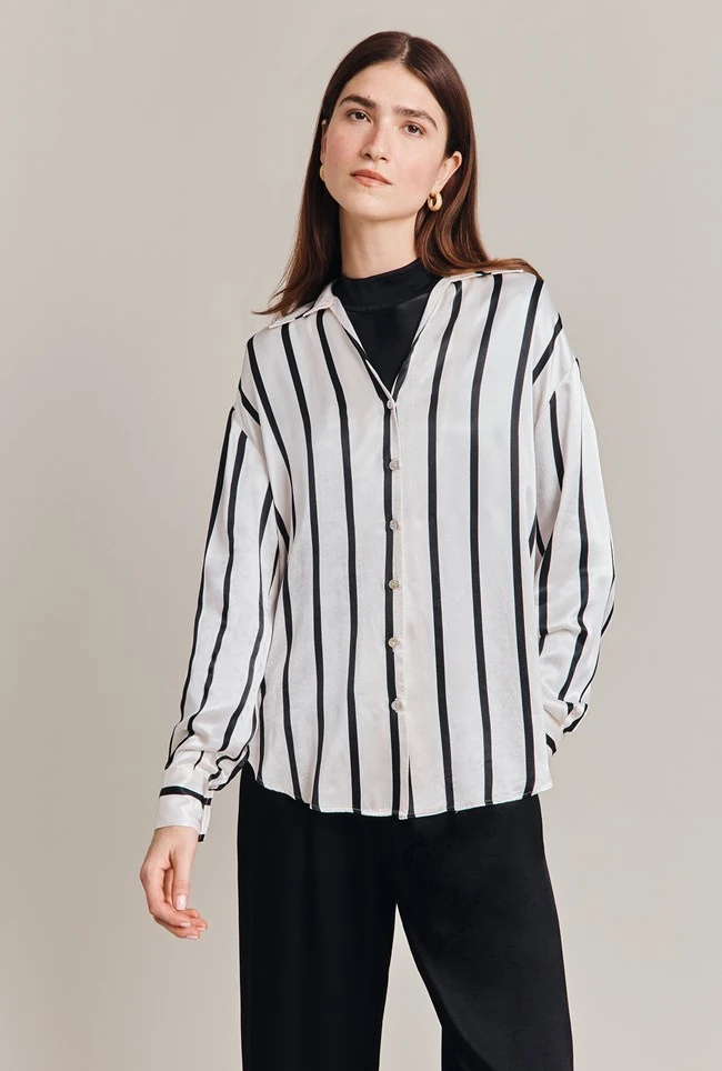 Amy Satin Long Sleeve Shirt Black Stripe Amy Satin Long Sleeve Shirt Black Stripe -Ghost Store Q07G009 Z81 28835 650px